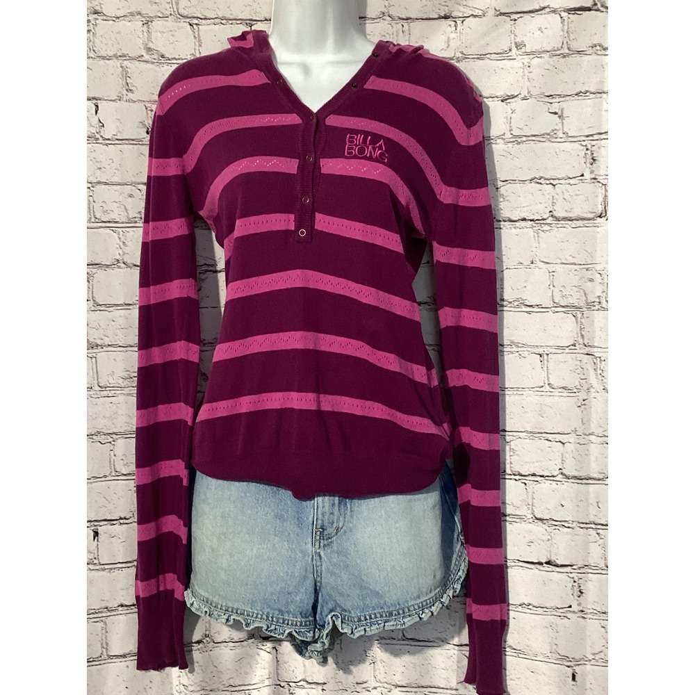 Billabong Womens Purple Pink Striped Pointelle Knit Henley Hooded Sweater Top